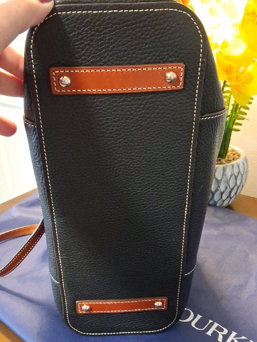 Dooney & Bourke Black Pebble Leather Tote with Brown Trim and Straps - Picture 5 of 16